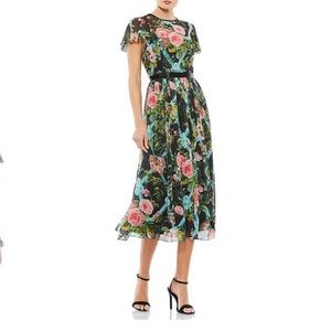 Mac Duggal Floral Illusion Cap Sleeve MIDI Dress Size 10